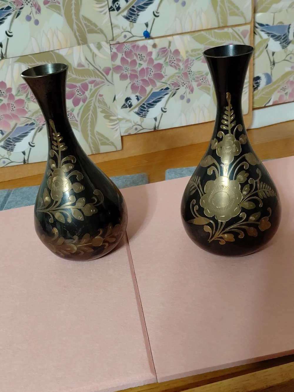 Black and Gold Floral Brass Vases - Set of 2